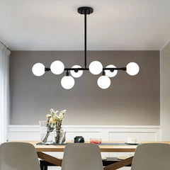 Opal Glass Globe Linear Bar Semi Flush Ceiling Light, Matt Black Angled Arms, 8 Light, Kitchen Island, Dining Room & Living Room