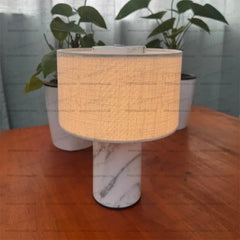 Polished Glass Cylinder Table Lamp in a Marbled Green Finish, Oatmeal Linen Drum Shade, Bedside & Living Room