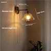 Fluted Glass Cone Wall Light, Amber Finish, Brushed Brass Gooseneck Arm, Pull Cord Switch, Bedroom, Hallway & Living Room