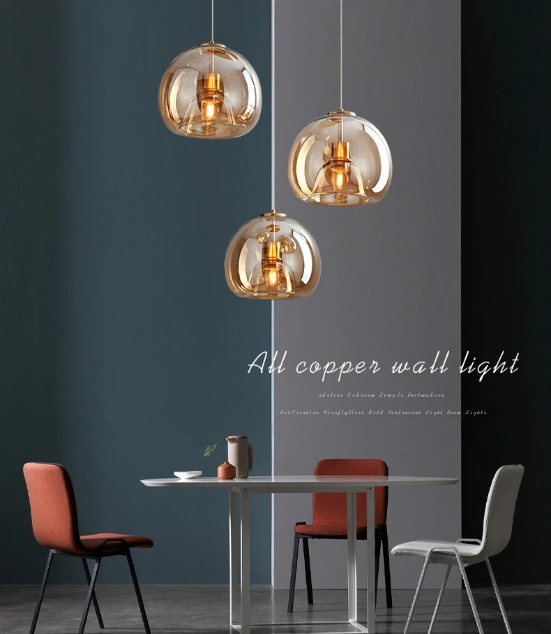 Smoked Amber Glass Globe Cluster Pendant Light, 3 Ombre Spheres on Individual Cables, Dining Table & Kitchen Island