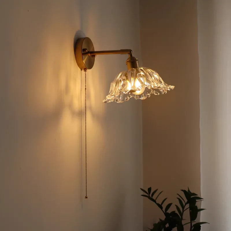 Fluted Glass Bell Wall Light, Clear Finish, Brushed Brass Gooseneck Arm, Pull Cord Switch, Bedroom, Hallway & Living Room
