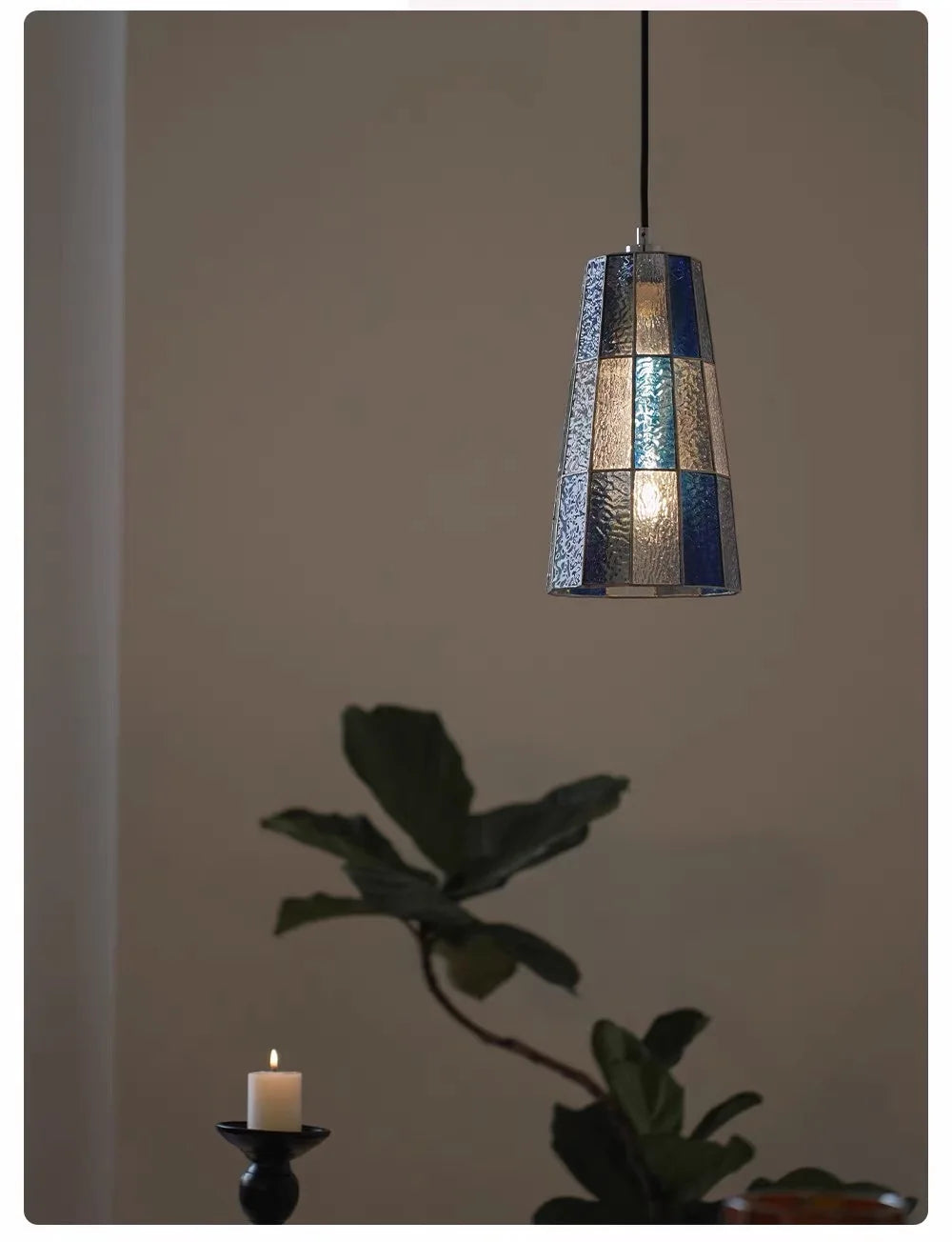 Blue Stained Glass Cone Pendant Light, Leaded Mosaic Panels on a Chrome Fitting, Bulb Not Included, Dining Table & Kitchen