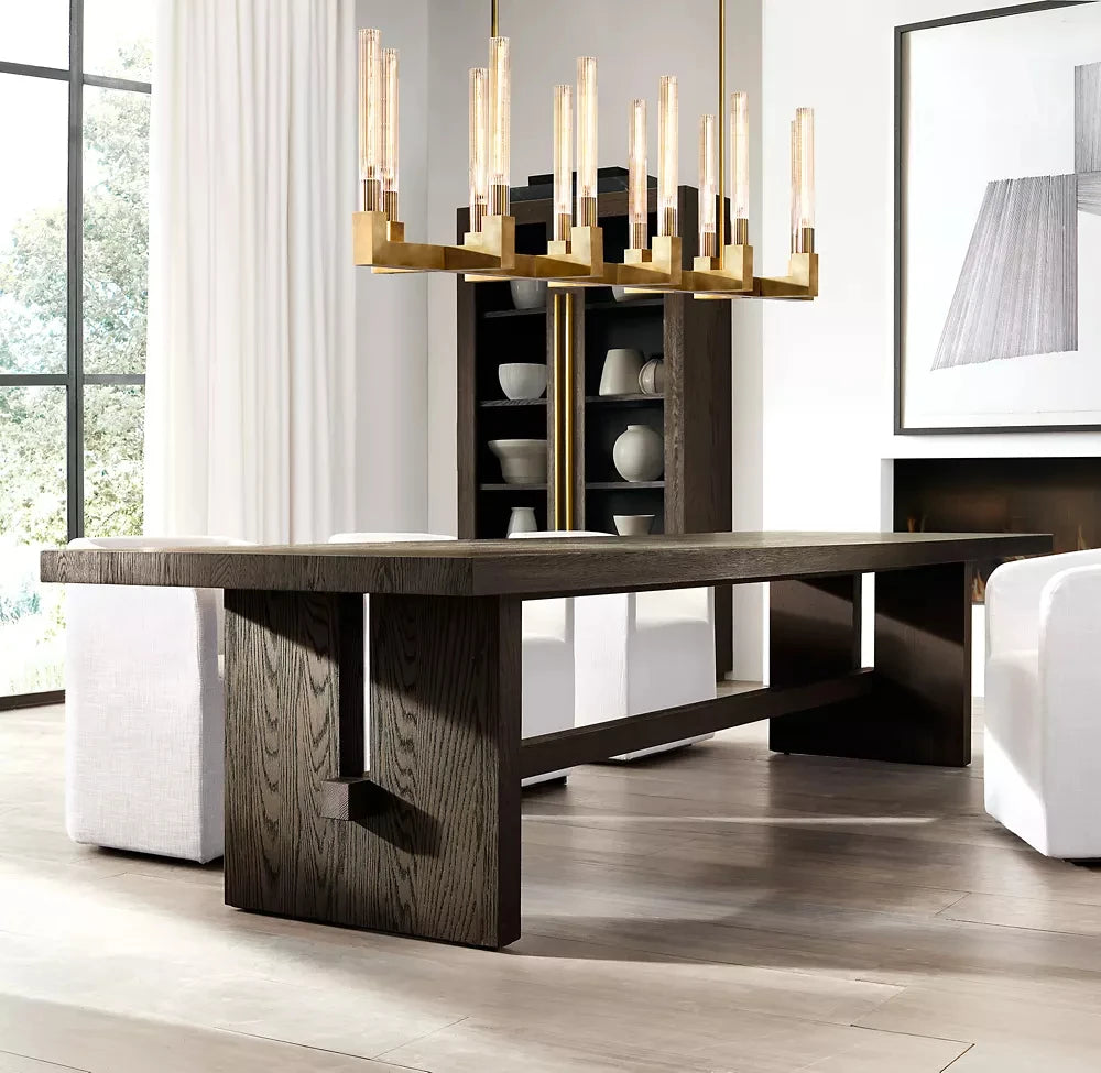 Fluted Glass Tube Linear Bar Chandelier, Bronze Finish, Modern Design, Tubes Set at Two Heights, Dining Room