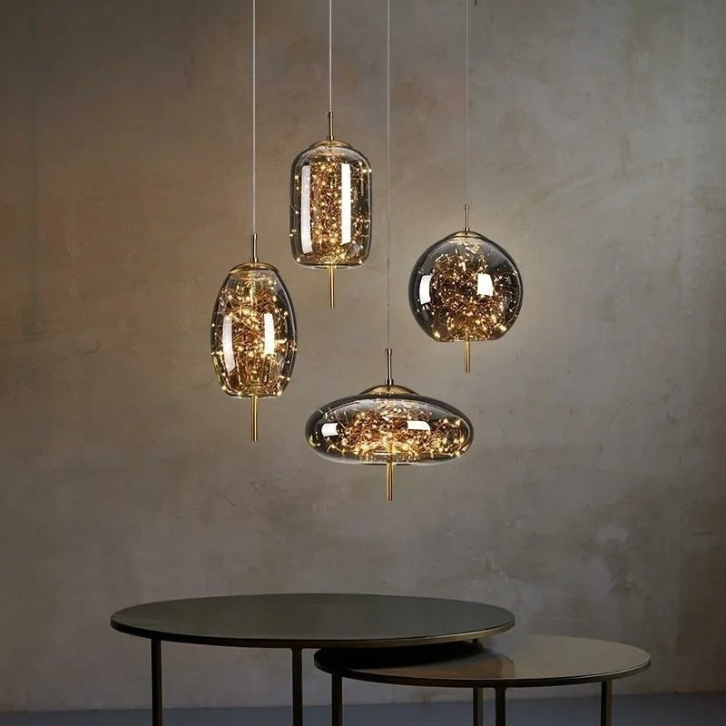Amber Glass Linear 3-Drop Pendant Light, Warm Fairy Light Filaments, Staggered Brass Stems, Bedside & Dining Table Feature