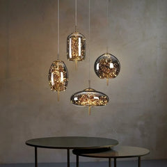 Amber Glass Linear 3-Drop Pendant Light, Warm Fairy Light Filaments, Staggered Brass Stems, Bedside & Dining Table Feature