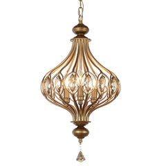 Bronze Metal Lantern Chandelier, 50cm, Scrolled Frame with Amber Crystal Drops, Wood Finial, Dining Room and Stairwell