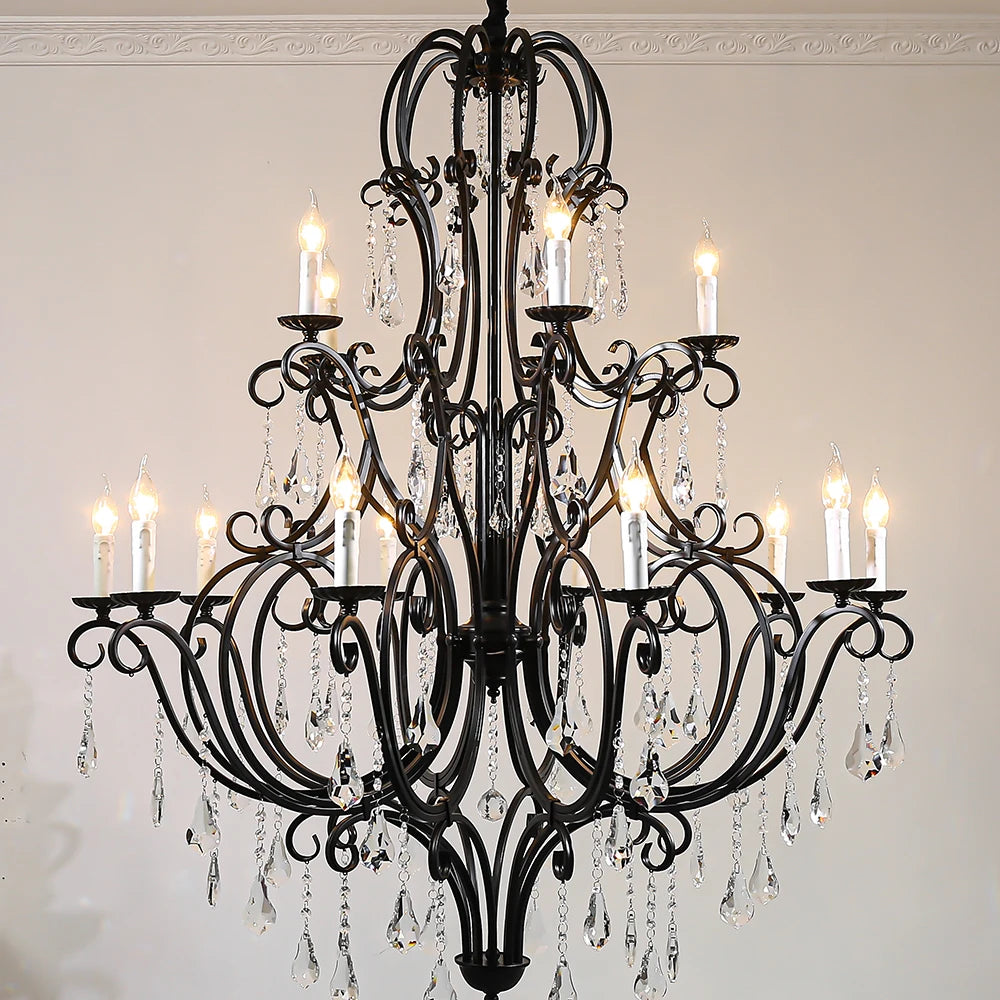 Scrolled Black Iron Branch Chandelier, 18 Light, Clear Crystal Drops, Two Tier Frame, Dining Room and Stairwell