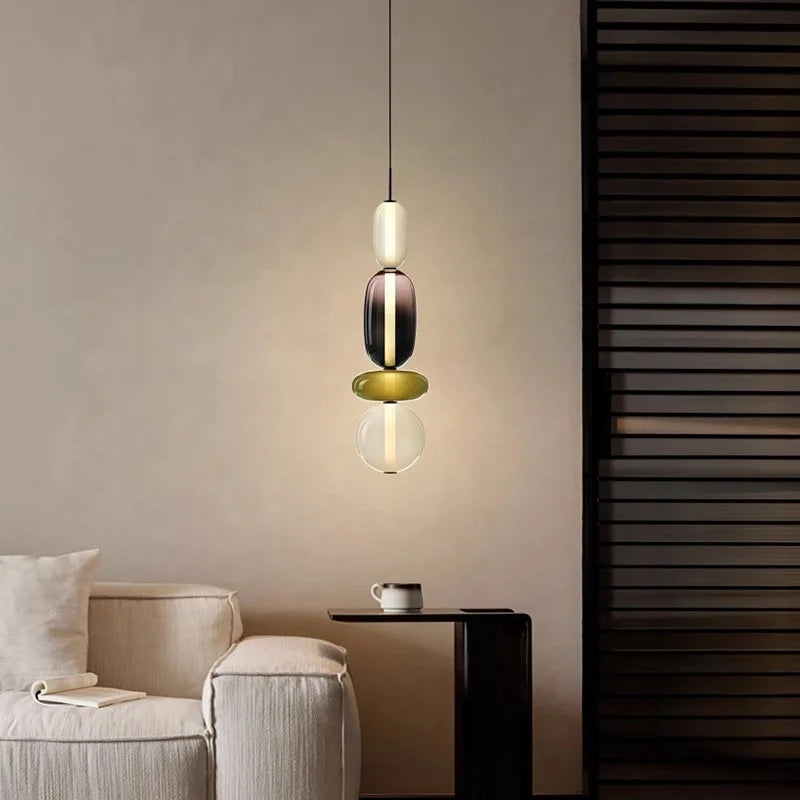 Tiered Glass Bead Pendant Light, Cream and Wine Red Finish, 3 Tier Stack, Large, Black Cord Suspension, Bedside & Dining Table