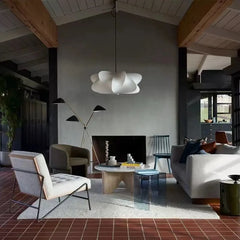White Silk Cluster Pendant Light, 40cm Diameter, Soft Folded Cloud Shape on a Black Cord, Living Room & Bedroom