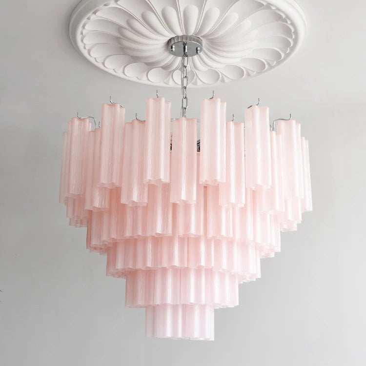 Fluted Glass Tiered Chandelier, Sky Blue Finish, Chrome Chain Suspension, 150cm Drop, Bulb Not Included, Dining Room & Living Room
