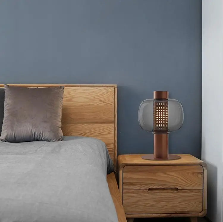 Smoked Glass Drum Table Lamp, Perforated Metal Diffuser, Slim Column Base, Living Room, Home Office & Bedside