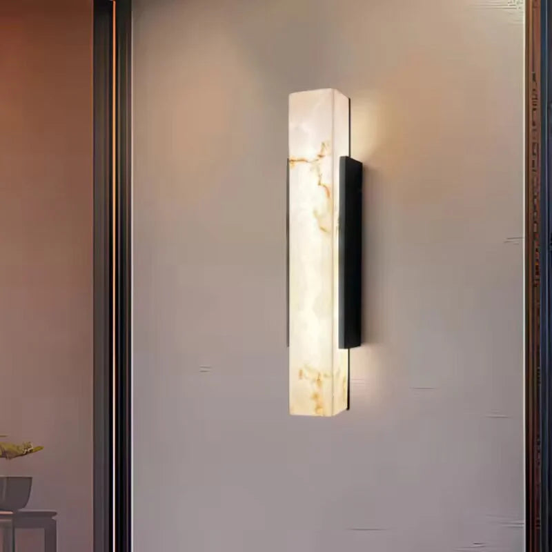 Natural Alabaster Panel Outdoor Wall Light, 60cm Height, Black Metal Spine, Integrated LED Glow, Porch & Garden