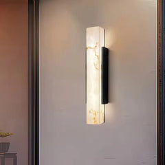 Natural Alabaster Panel Outdoor Wall Light, 60cm Height, Black Metal Spine, Integrated LED Glow, Porch & Garden