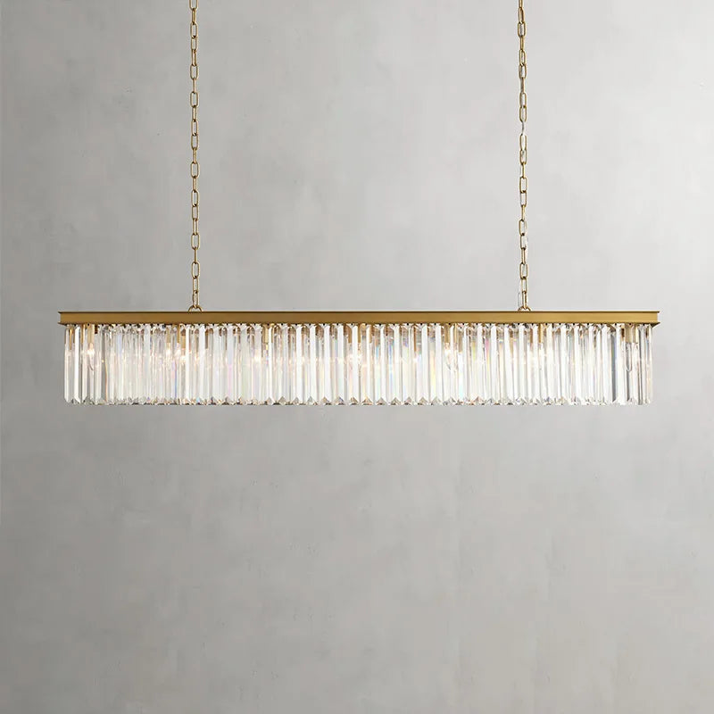 Faceted Crystal Linear Bar Chandelier, Brass Frame, Clear Crystal Prisms, Double Chain, Single Fixed Style, Dining Room and Stairwell
