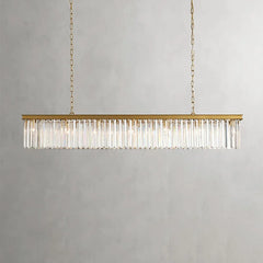 Faceted Crystal Linear Bar Chandelier, Brass Frame, Clear Crystal Prisms, Double Chain, Single Fixed Style, Dining Room and Stairwell