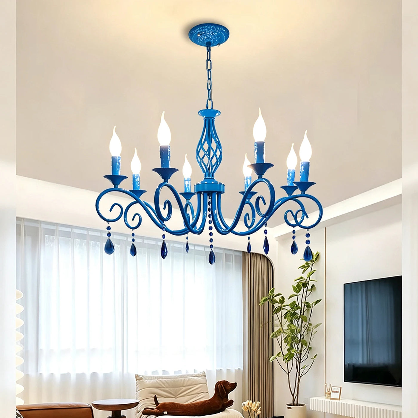Faceted Crystal Branch Chandelier, Blue Finish, 8 Scrolled Candle Arms, 72 x 72 x 98cm, Dining Room & Living Room