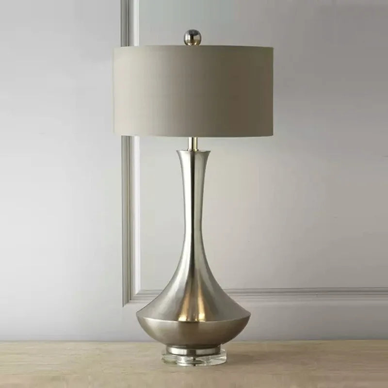 Brass Teardrop Table Lamp, 30 x 62cm, Taupe Drum Shade, Tapered Base on Crystal Foot, Bedside, Living Room & Console