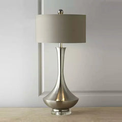 Brass Teardrop Table Lamp, 30 x 62cm, Taupe Drum Shade, Tapered Base on Crystal Foot, Bedside, Living Room & Console