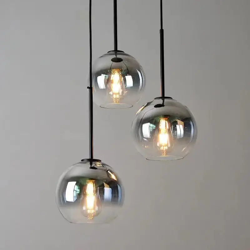 Grey Ombre Glass Cluster Pendant Light, 3 Globe Shades, Brushed Brass Fittings, 20cm, Staggered Drops, Dining Table and Kitchen