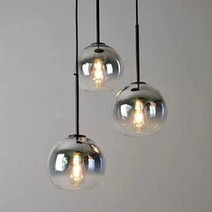 Grey Ombre Glass Cluster Pendant Light, 3 Globe Shades, Brushed Brass Fittings, 20cm, Staggered Drops, Dining Table and Kitchen