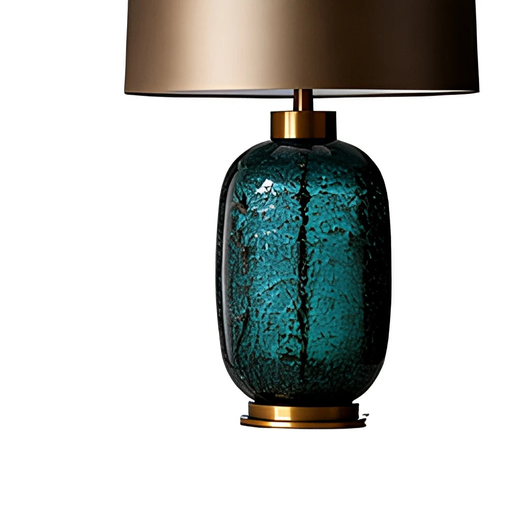Textured Green Glass Teardrop Table Lamp, Bronze Satin Drum Shade, Brass Collar & Foot, H58*D33cm, Bedside & Living Room