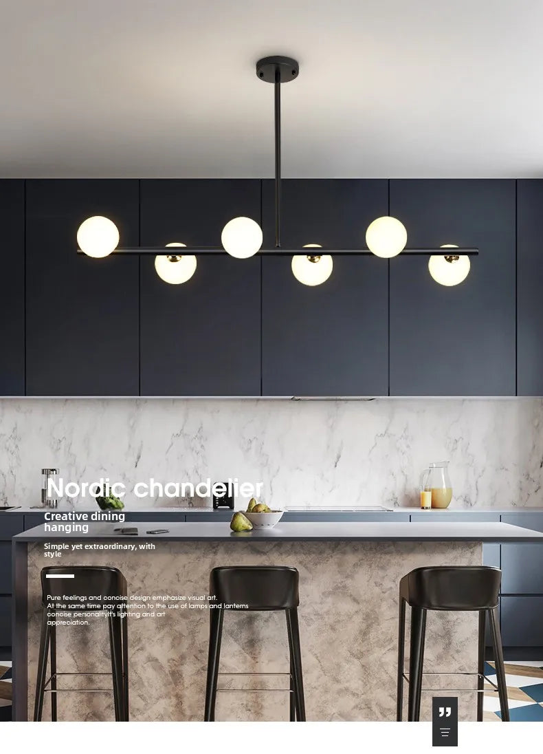 Opal Glass Globe Linear Bar Semi Flush Ceiling Light, Matt Black Angled Arms, 6 Light, Kitchen Island, Dining Room & Living Room
