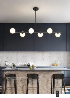 Opal Glass Globe Linear Bar Semi Flush Ceiling Light, Matt Black Angled Arms, 6 Light, Kitchen Island, Dining Room & Living Room