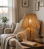 Woven Paper Rope Cone Table Lamp, Amber Finish, Turned Wood Ball Waist, Handmade Texture, Bedside, Console & Living Room