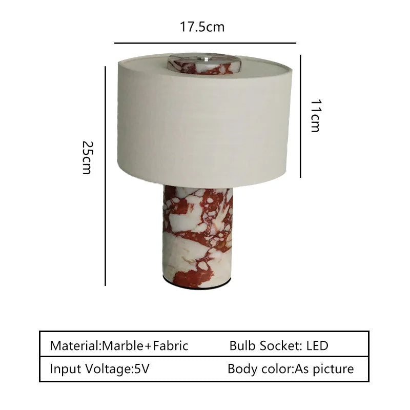 Red Marbled Stone Drum Table Lamp, Cream Linen Shade, Polished Cylinder Base, Bedside & Living Room Console Table