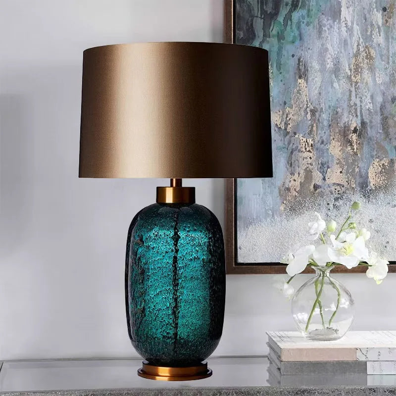 Textured Green Glass Teardrop Table Lamp, Bronze Satin Drum Shade, Brass Collar & Foot, H58*D33cm, Bedside & Living Room
