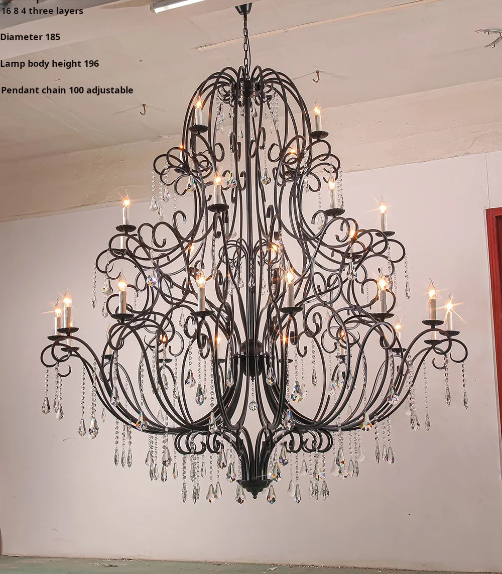 Scrolled Black Iron Branch Chandelier, 18 Light, Clear Crystal Drops, Two Tier Frame, Dining Room and Stairwell