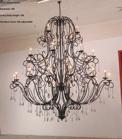 Scrolled Black Iron Branch Chandelier, 18 Light, Clear Crystal Drops, Two Tier Frame, Dining Room and Stairwell