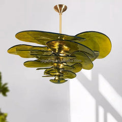 Sculptural Clear Textured Glass Petal Cluster Chandelier, Layered Radiating Panels, Brass Stem, Dining Room & Stairwell