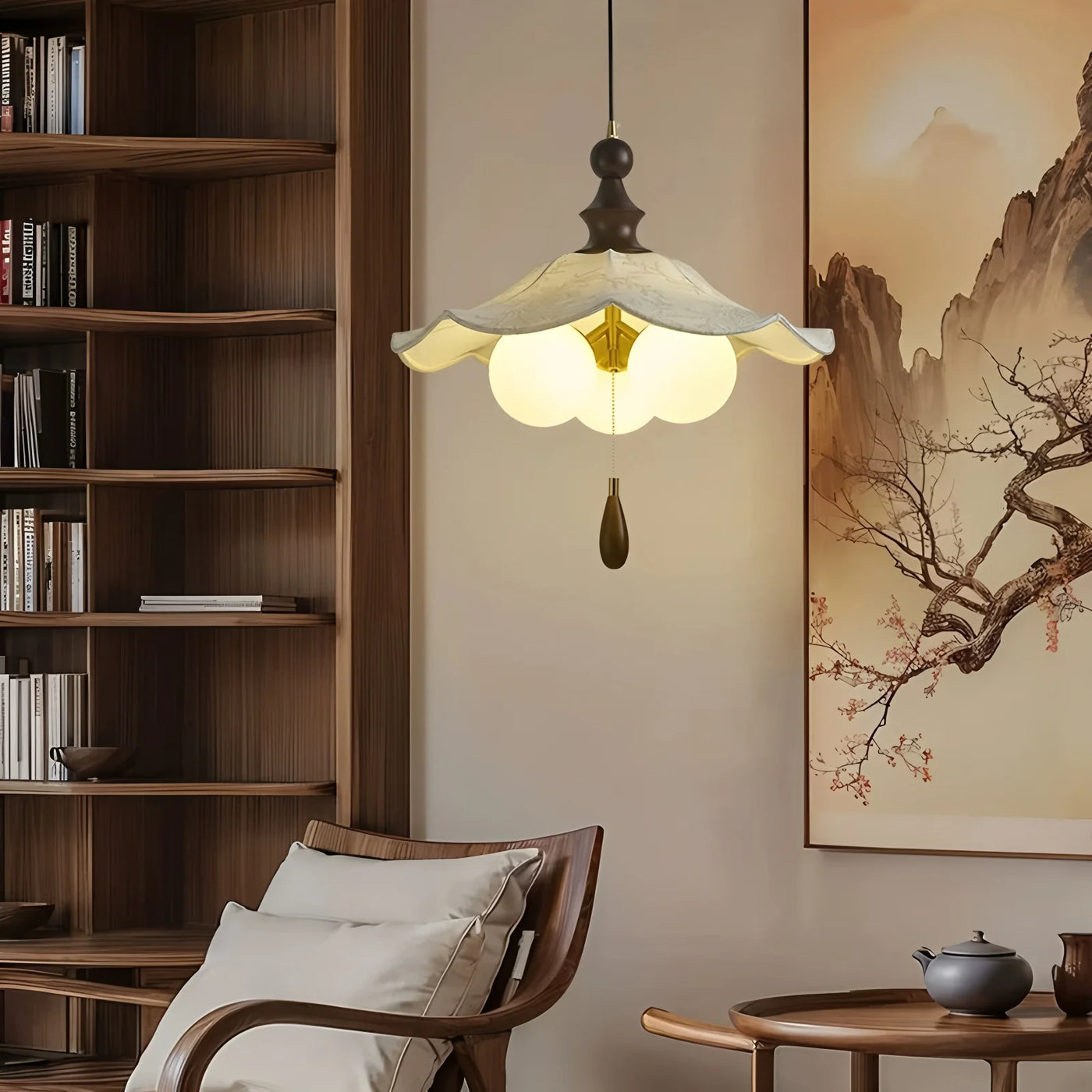 Lilac Pleated Fabric Bell Chandelier, 3 Opal Glass Globes on Brass Arms, Wood Finial, Bulbs Not Included, Dining Room