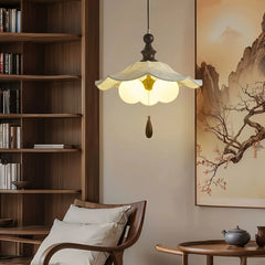 Lilac Pleated Fabric Bell Chandelier, 3 Opal Glass Globes on Brass Arms, Wood Finial, Bulbs Not Included, Dining Room