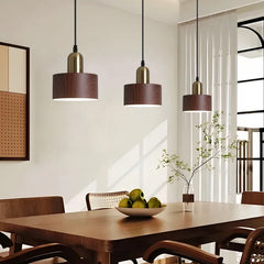 Dark Wood Effect Resin Drum Pendant Light, Grained Surface on a Brass Fitting, Bulb Not Included, Kitchen Island & Hallway
