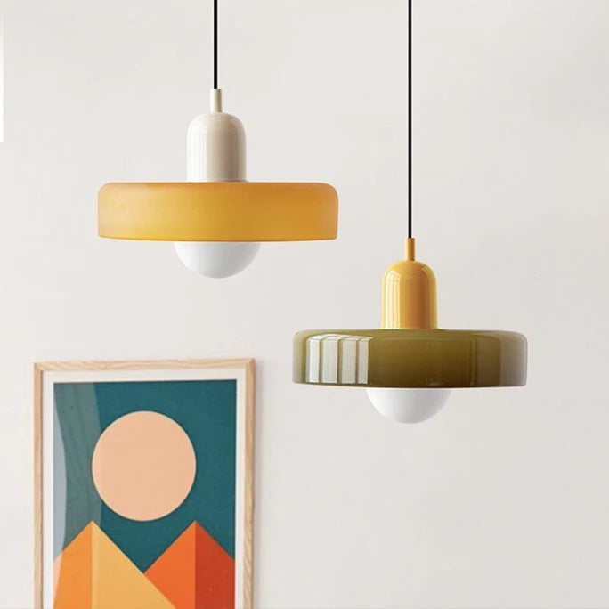 Glazed White Glass Disc Pendant Light, High Gloss Finish, Ribbed Rim Detail, 25cm, Exposed Bulb, Bedroom & Living Room