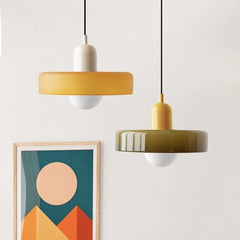 Glazed White Glass Disc Pendant Light, High Gloss Finish, Ribbed Rim Detail, 25cm, Exposed Bulb, Bedroom & Living Room