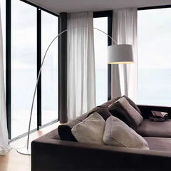 Red Arc Floor Lamp, Plain Drum Shade on a Long Curved Steel Pole, Reading Corner and Living Room Sofa Side Table