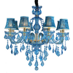 Blue Glass Branch Chandelier, 8 Candle Style Arms, Gold Fittings, Crystal Drops, With Fabric Shades, Dining and Living Room