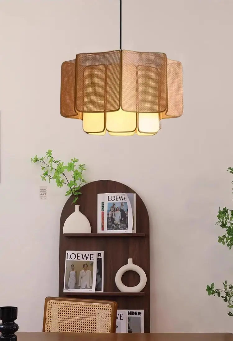 Woven Rattan Drum Pendant Light, Fan Pleated Open Weave Panels, Warm Brown Finish, Dining Table & Kitchen Island