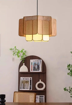 Woven Rattan Drum Pendant Light, Fan Pleated Open Weave Panels, Warm Brown Finish, Dining Table & Kitchen Island
