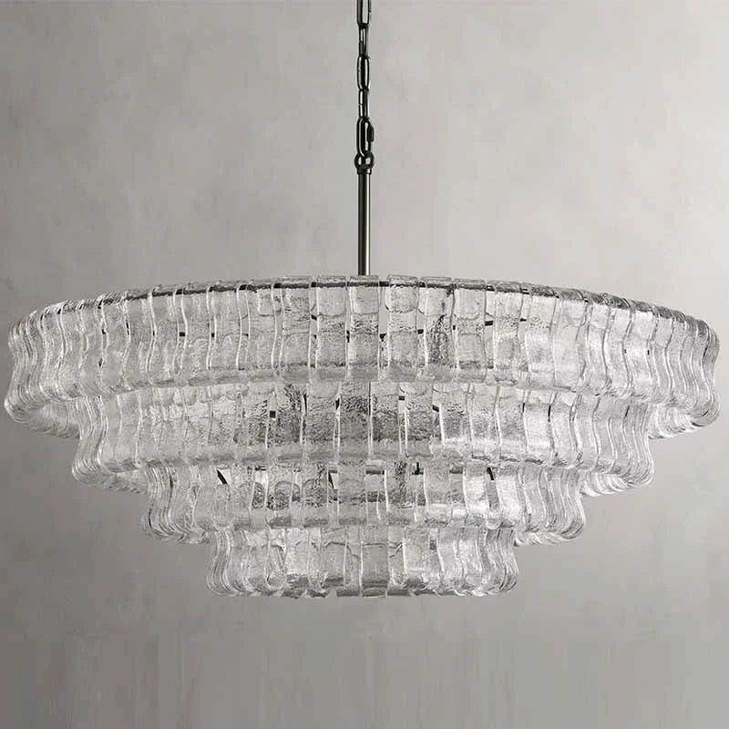 Rippled Clear Glass Tiered Chandelier, Brass Chain Suspension, Multi Layer Scalloped Shade, Dining Room Ceiling