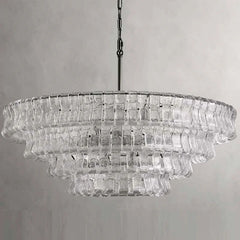 Rippled Clear Glass Tiered Chandelier, Brass Chain Suspension, Multi Layer Scalloped Shade, Dining Room Ceiling