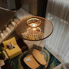 Woven Bamboo Disc Pendant Light in Gold, Wide Lantern Silhouette, Crisscross Weave, Dining Room, Living Room & Hallway