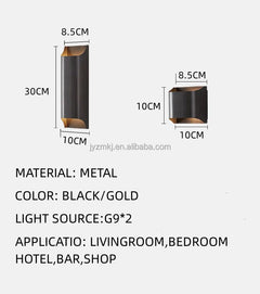 Matt Black Panel Wall Light, 10cm Curved Top and Base, Warm Up and Down Light Wash, Hallway, Bedside & Living Room