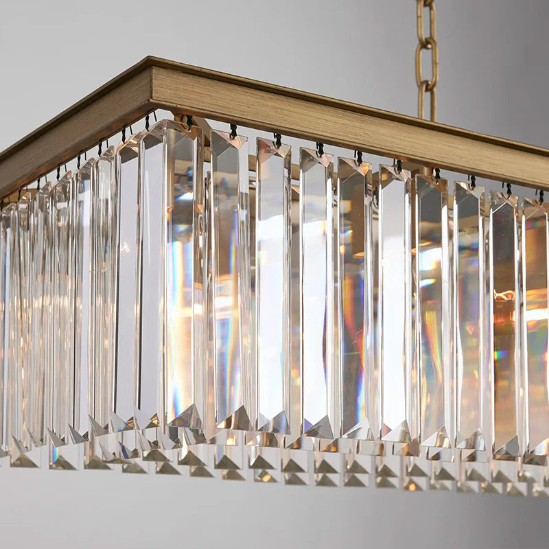 Faceted Crystal Linear Bar Chandelier, Brass Frame, Clear Crystal Prisms, Double Chain, Single Fixed Style, Dining Room and Stairwell