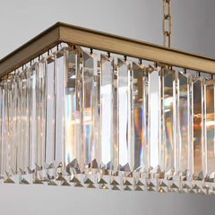 Faceted Crystal Linear Bar Chandelier, Brass Frame, Clear Crystal Prisms, Double Chain, Single Fixed Style, Dining Room and Stairwell