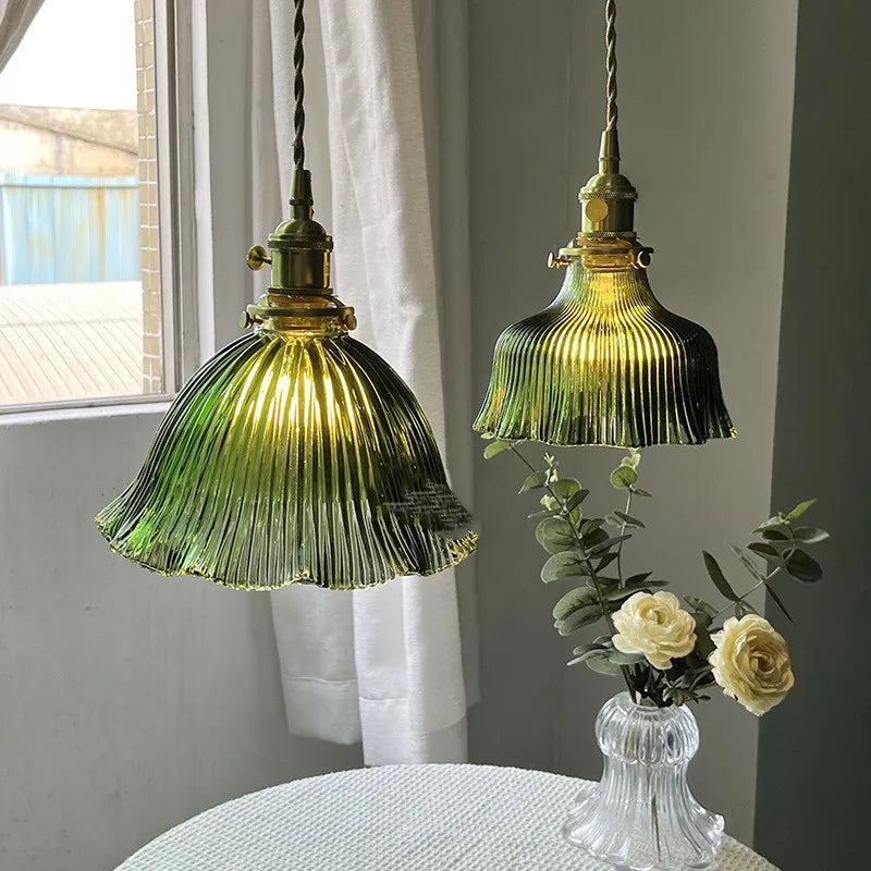 Fluted Green Glass Bell Pendant Light, Scalloped Floral Edge on a Brass Fitting, Bulb Not Included, Bedside & Living Room