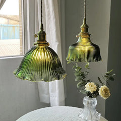 Fluted Green Glass Bell Pendant Light, Scalloped Floral Edge on a Brass Fitting, Bulb Not Included, Bedside & Living Room